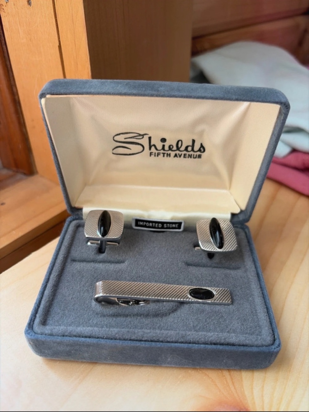 Vintage 1960 Shields Fifth Avenue Silver and Black Cufflinks and Tie Bar